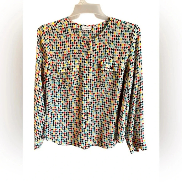 Women Liz Claiborne Sheer Long Sleeve Multicolor Abstract Blouse XL Petite - Picture 1 of 6